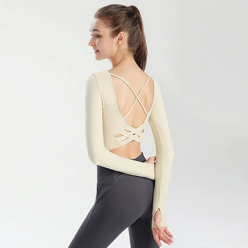 Crop Top Yoga Kreuzrücken – Langarm oder Kurzarm, schnelltrocknend