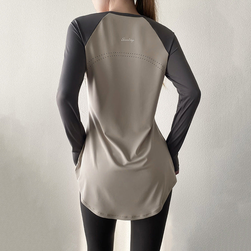 Top Sport Femme Manches Longues Mi-Long – Color Block, Couvre-Hanches, Séchage Rapide