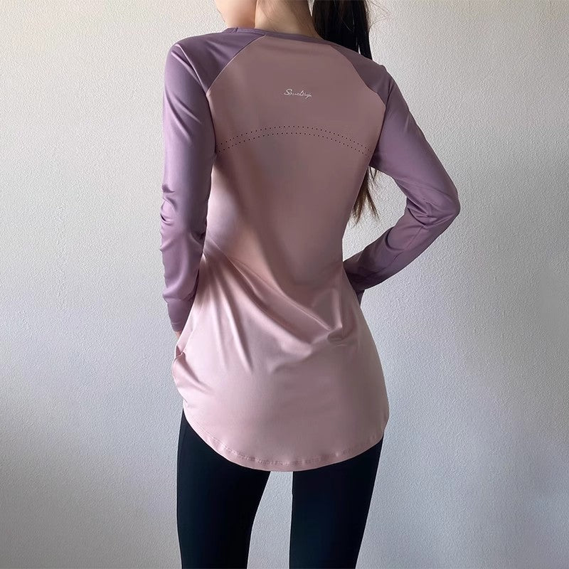 Top Sport Femme Manches Longues Mi-Long – Color Block, Couvre-Hanches, Séchage Rapide
