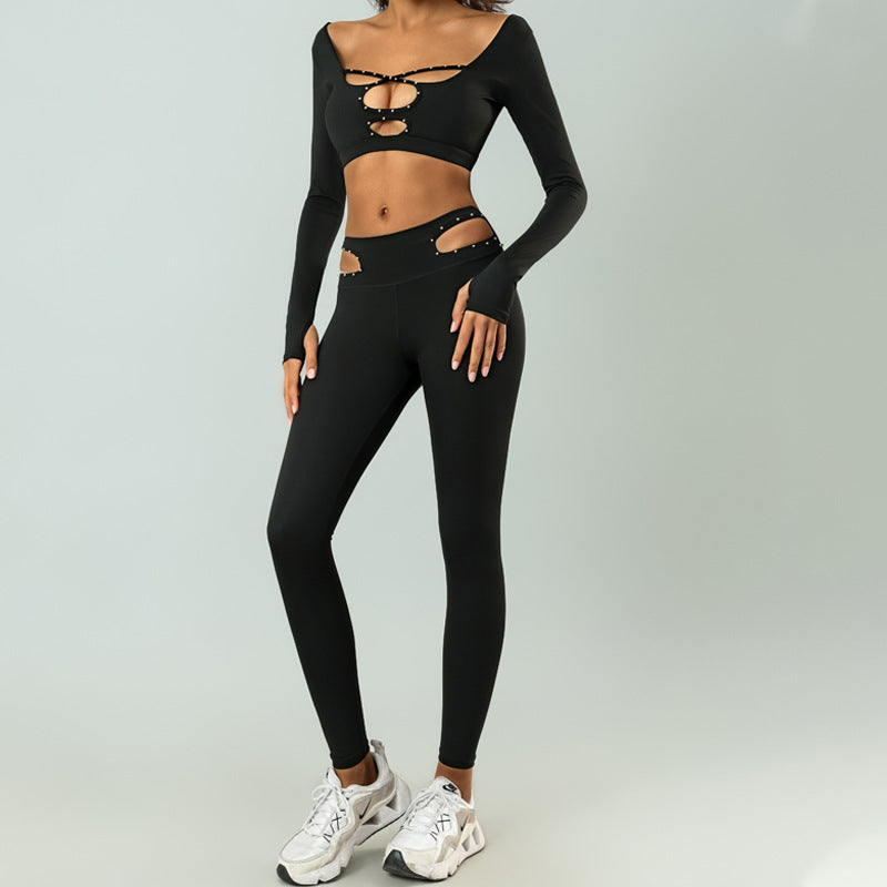 2-Piece Cutout Backless Beaded Long-Sleeve Yoga Set – Quick-Drying