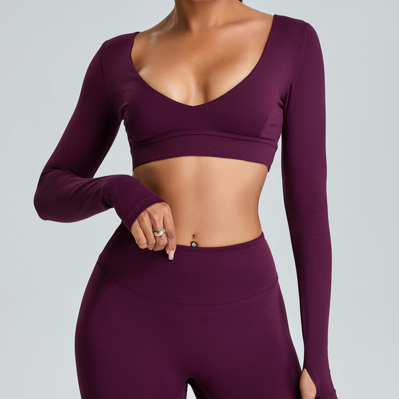 Haut Yoga Manches Longues Col V – Maille Technique Automne-Hiver