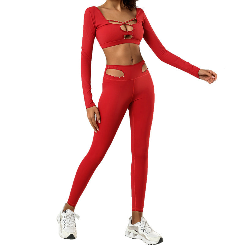 2-Piece Cutout Backless Beaded Long-Sleeve Yoga Set – Quick-Drying