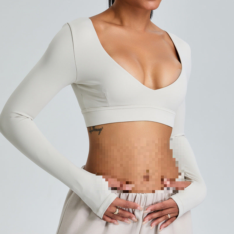 Haut Yoga Manches Longues Col V – Maille Technique Automne-Hiver