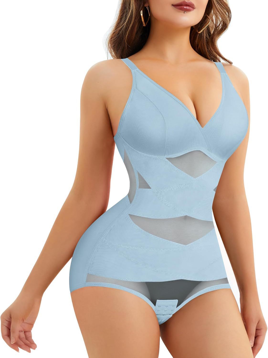 One-Piece Shaping V-Neck Bodysuit – Breathable Mesh Waist
