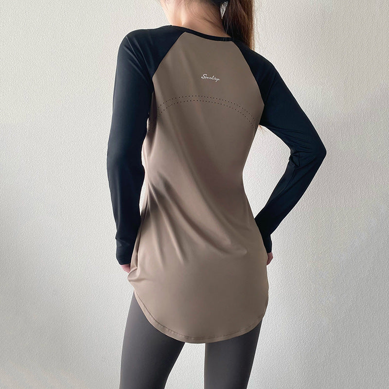 Top Sport Femme Manches Longues Mi-Long – Color Block, Couvre-Hanches, Séchage Rapide
