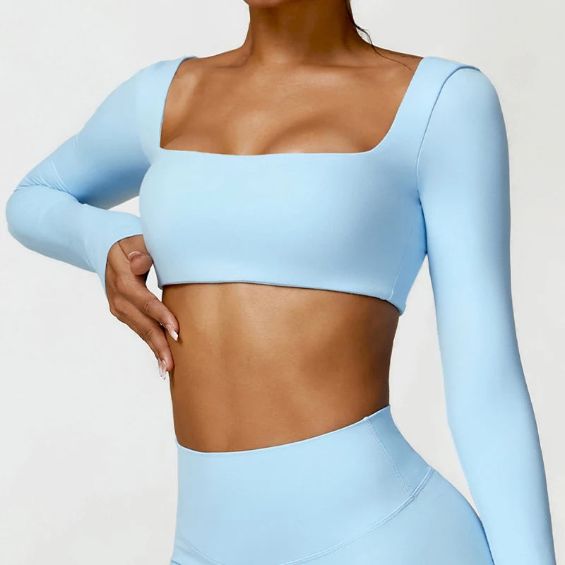 Crop Top Sport Femme — Col Carré, Manches Longues, Séchage Rapide