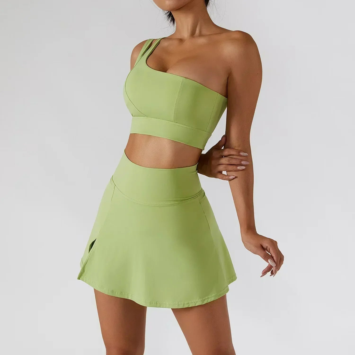 3-Piece Yoga Set – Sport Skirt, Crop Top & One-Shoulder Bralette