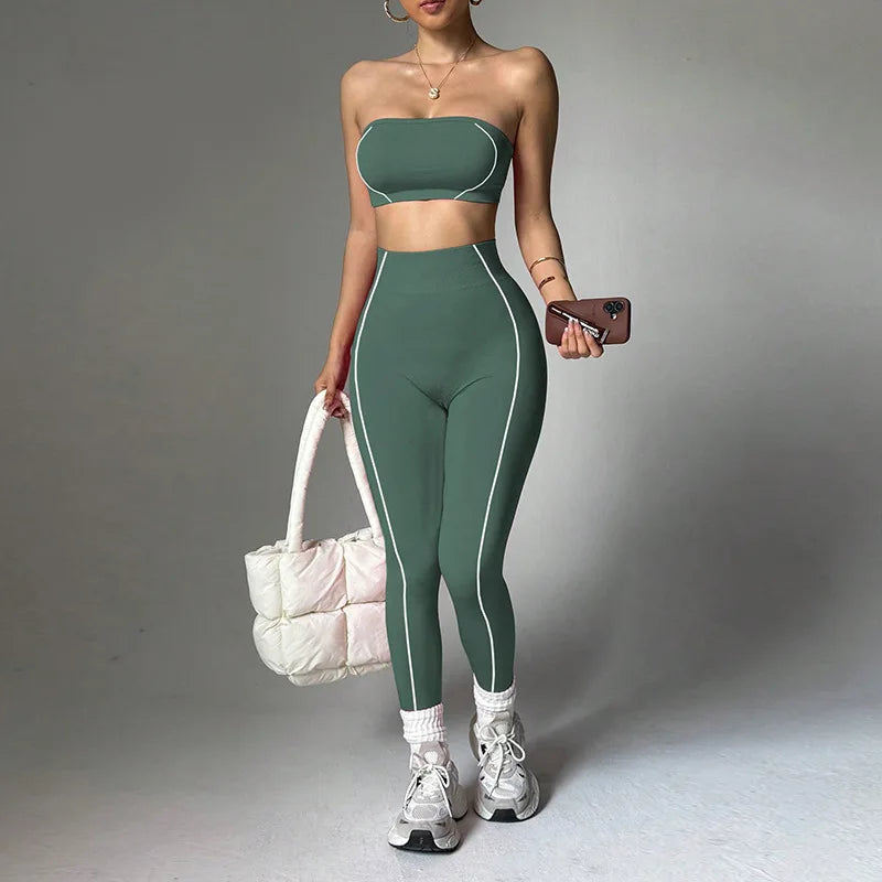 2-Piece Yoga Set – Color Block Corset Top & Shaping Leggings