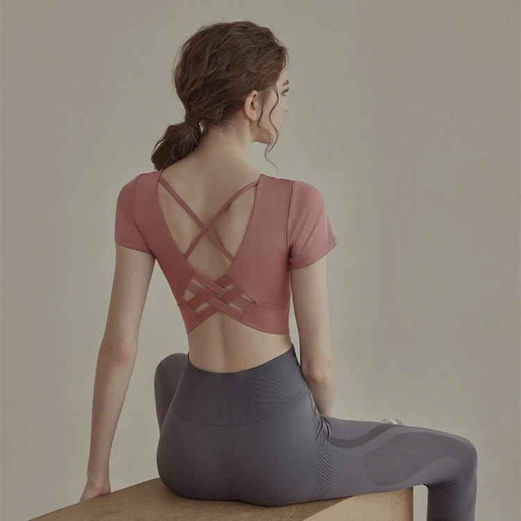 Crop Top Yoga Kreuzrücken – Langarm oder Kurzarm, schnelltrocknend