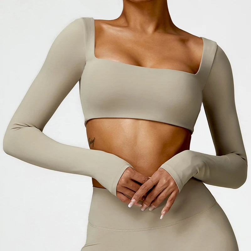 Crop Top Sport Femme — Col Carré, Manches Longues, Séchage Rapide