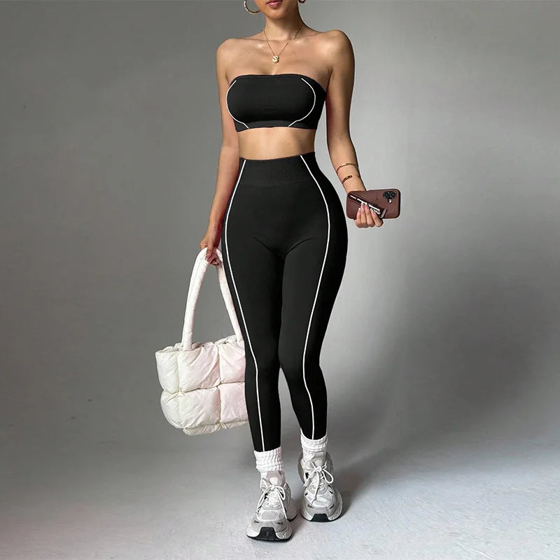 2-Piece Yoga Set – Color Block Corset Top & Shaping Leggings