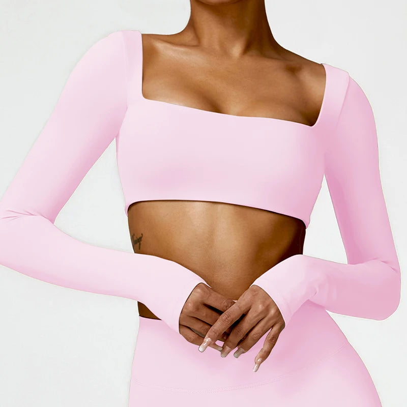 Crop Top Sport Femme — Col Carré, Manches Longues, Séchage Rapide