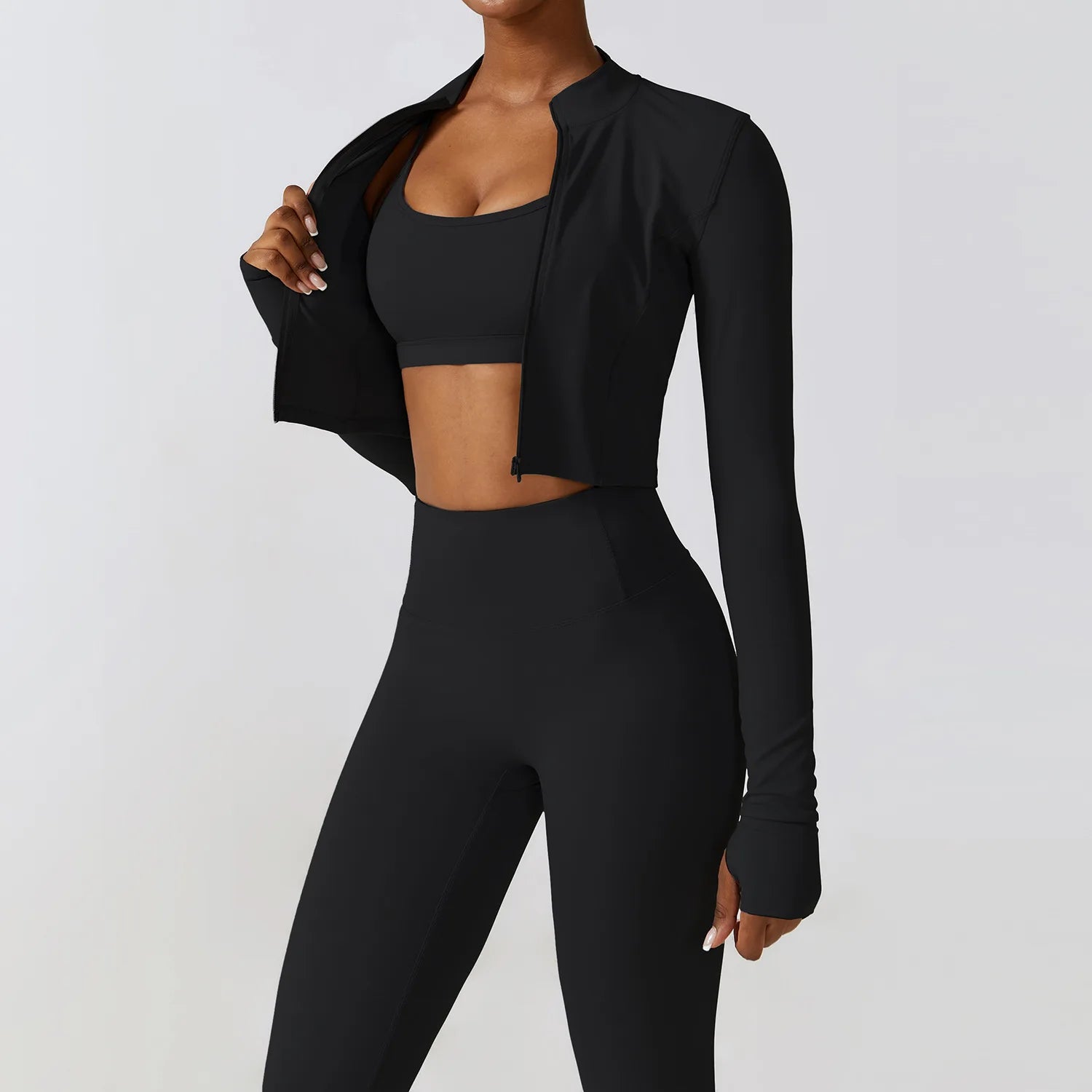Women's Yoga Set 2 or 3 Pieces — Shaping Leggings, Bra & Long-Sleeved Crop Top