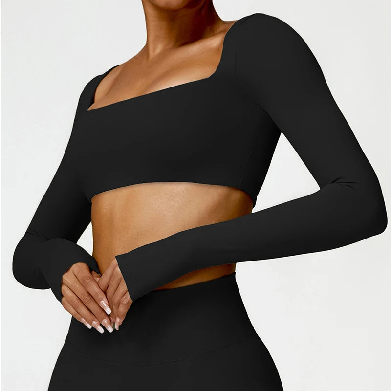 Crop Top Sport Femme — Col Carré, Manches Longues, Séchage Rapide