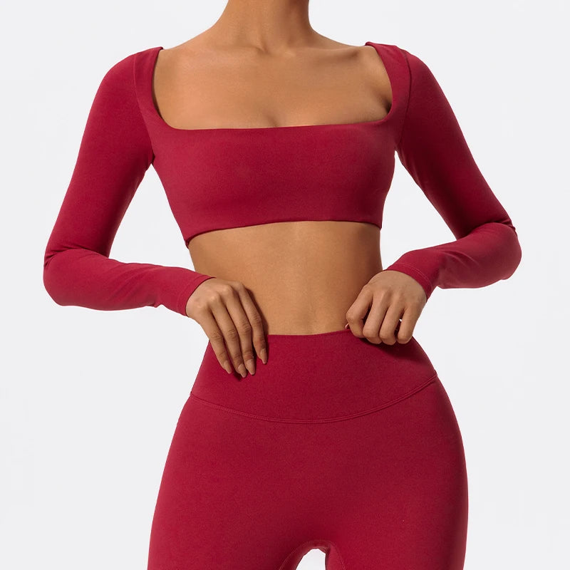 Crop Top Sport Femme — Col Carré, Manches Longues, Séchage Rapide