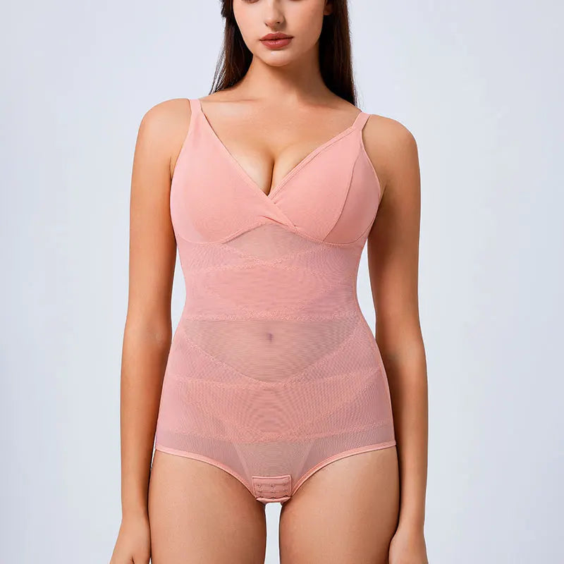 One-Piece Shaping V-Neck Bodysuit – Breathable Mesh Waist