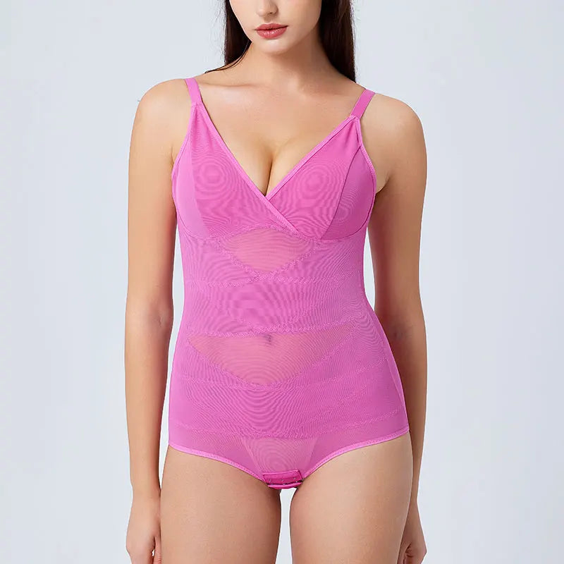 One-Piece Shaping V-Neck Bodysuit – Breathable Mesh Waist